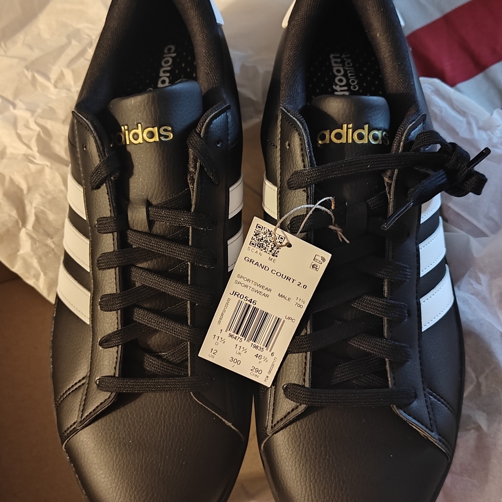 NWT Adidas Men's Black Sneakers with White Stripes - Picture 2 of 8